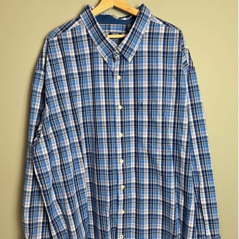 IZOD Shirt Men's 4XL Long Sleeve Plaid Button Down Blue White Mens Classy